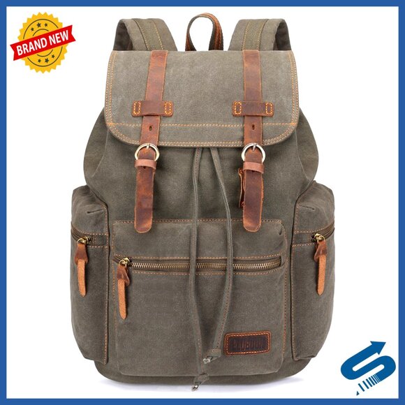Vintage Canvas Backpack Leather Trim Casual Daypack Laptop Travel Rucksack main image 4